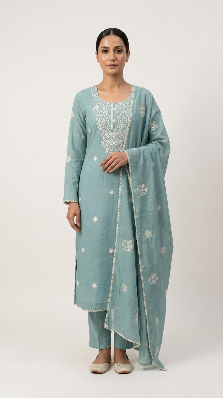 Mint green embroidered cotton suit set with Dupatta for Women