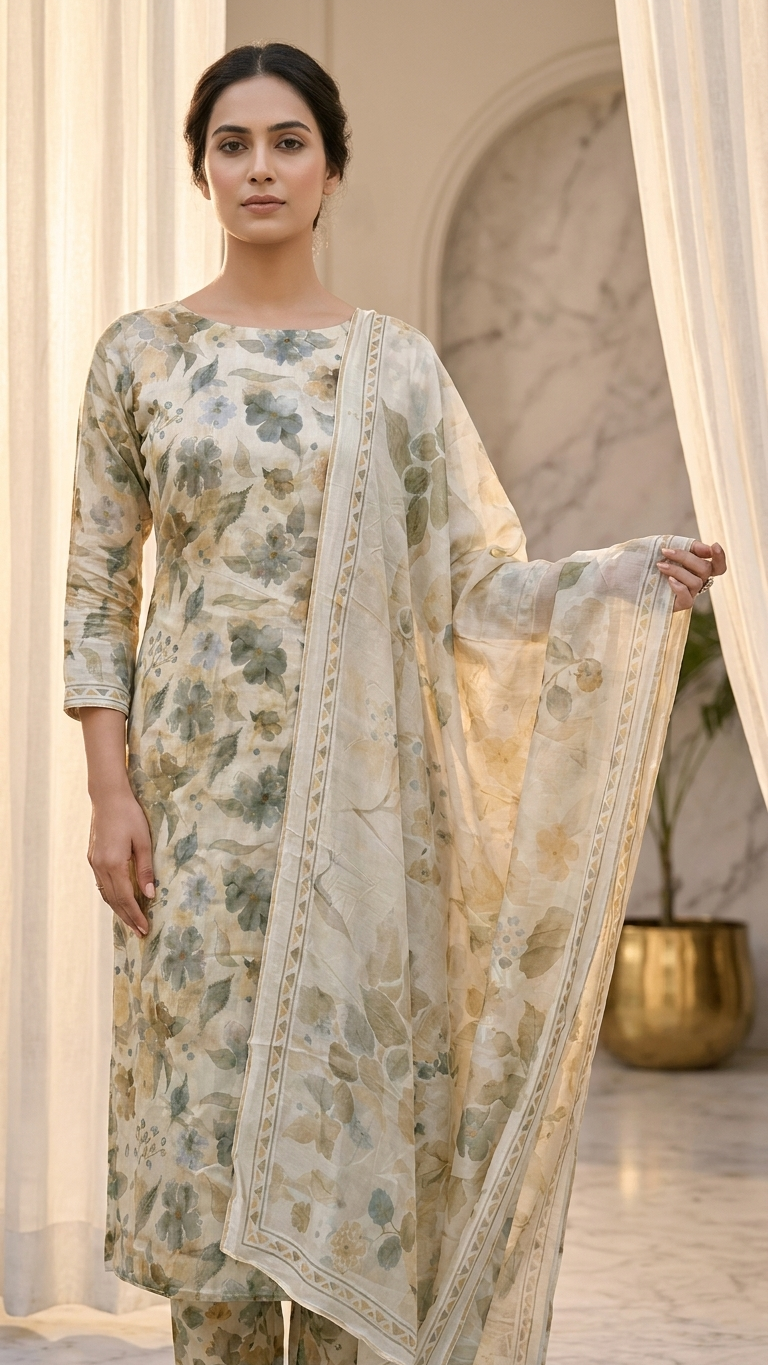 Luxury ethnic wear women Pastel Floral Linen Silk Suit Set