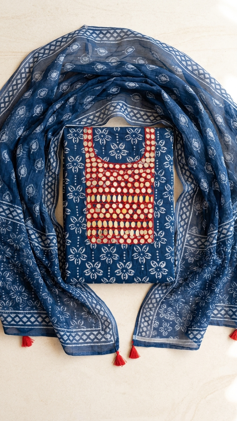 Indigo blue handblock print suit set with Mirror Work Neckline