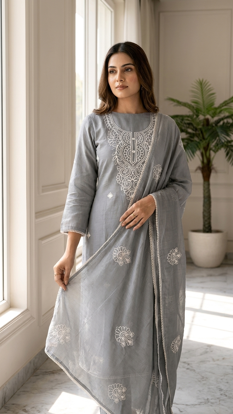 Grey embroidered cotton suit set with Dupatta for Women