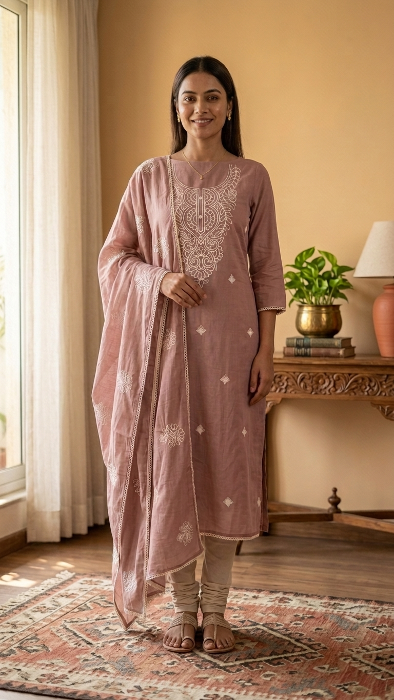 Blush pink cotton suit set with Dupatta for Women