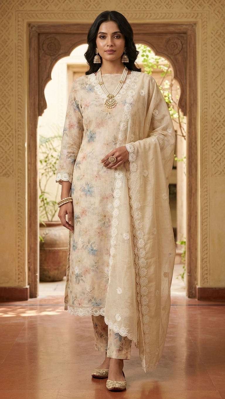 Beige floral embroidered suit set with Lace Dupatta