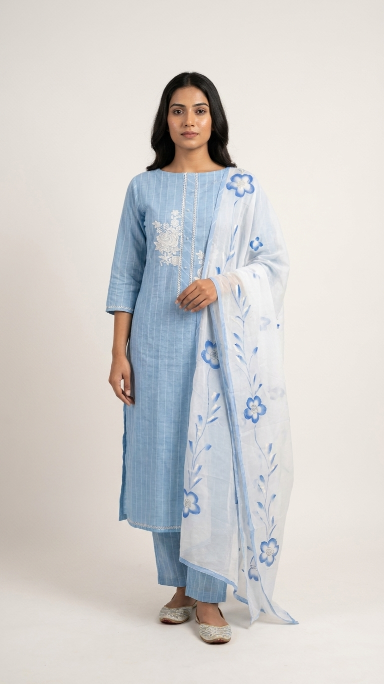 Sky blue ethnic suit set with Printed Dupatta