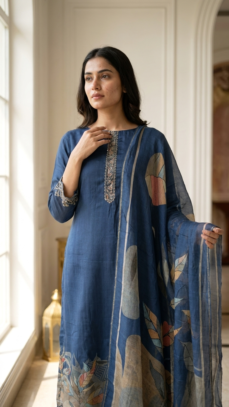 Navy blue muslin suit set with Printed Dupatta for Women