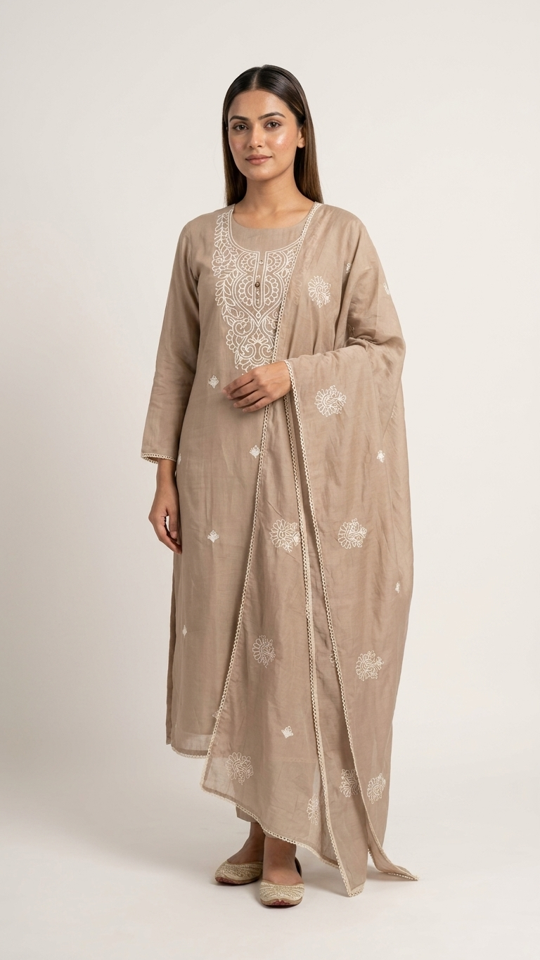 Mocha brown embroidered lawn suit with Dupatta