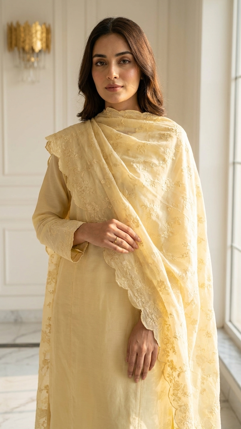 Pastel yellow embroidered cotton suit set with Dupatta for Women