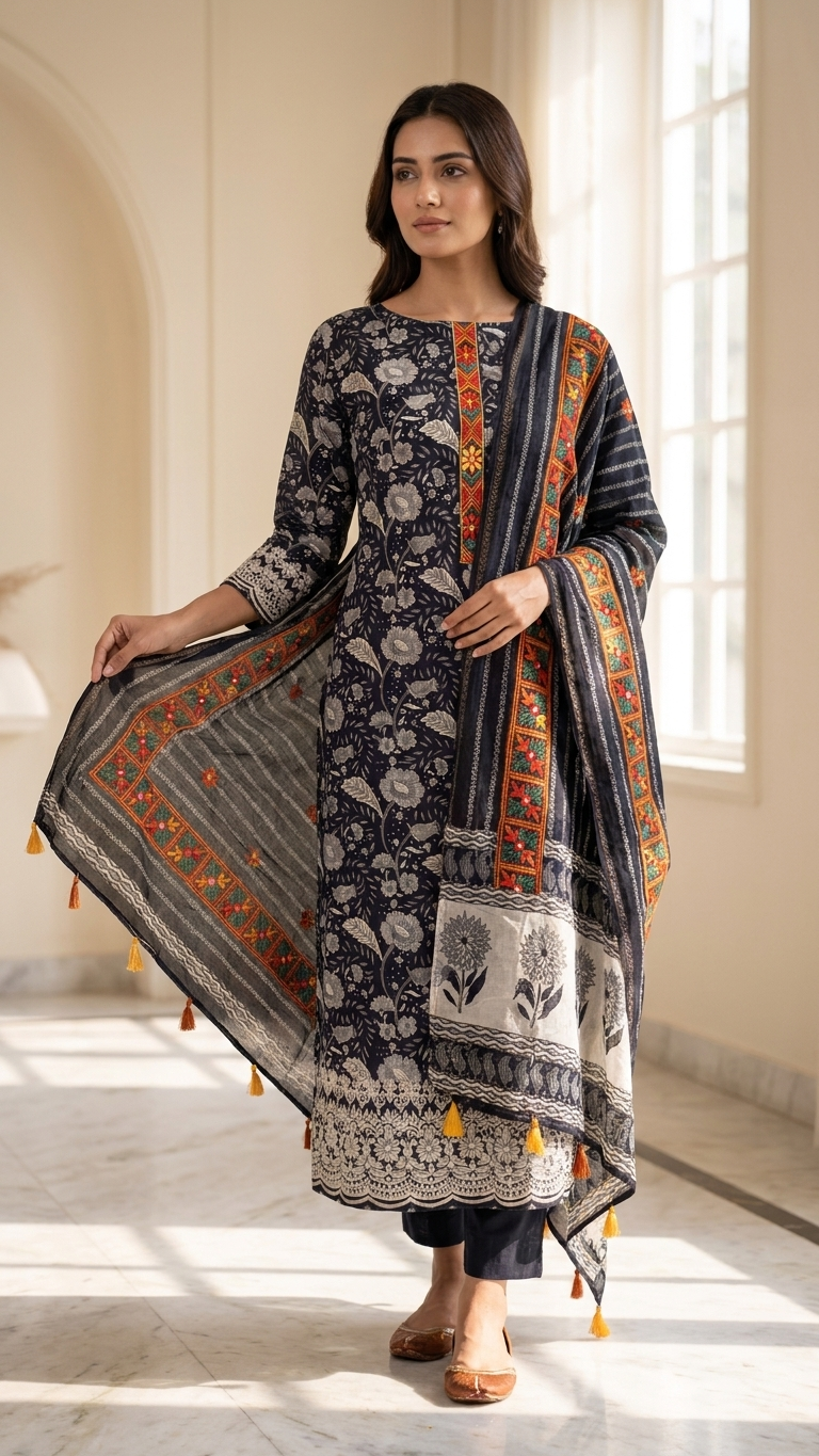 Black floral printed suit set with Multicolor Embroidered Neckline