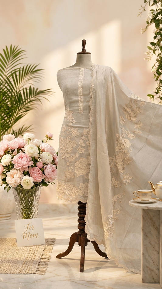 Beige embroidered cotton suit set with Dupatta for Women