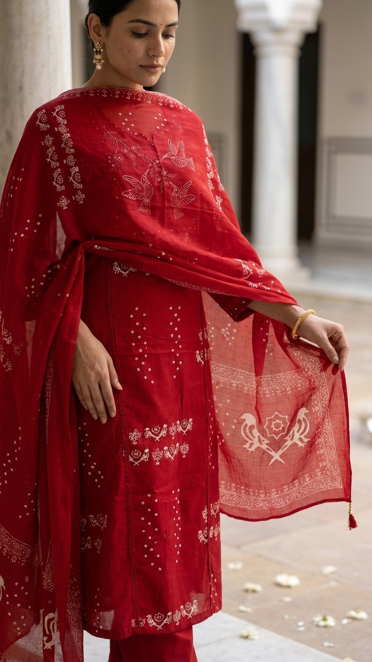 Handblock printed suit set with Folk Bird Motif & Dupatta