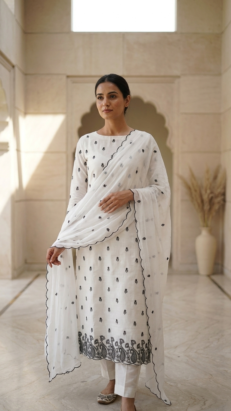 Ivory and black embroidered suit set with Scalloped Dupatta