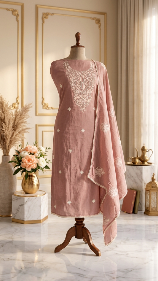 Blush pink cotton suit set with Dupatta for Women