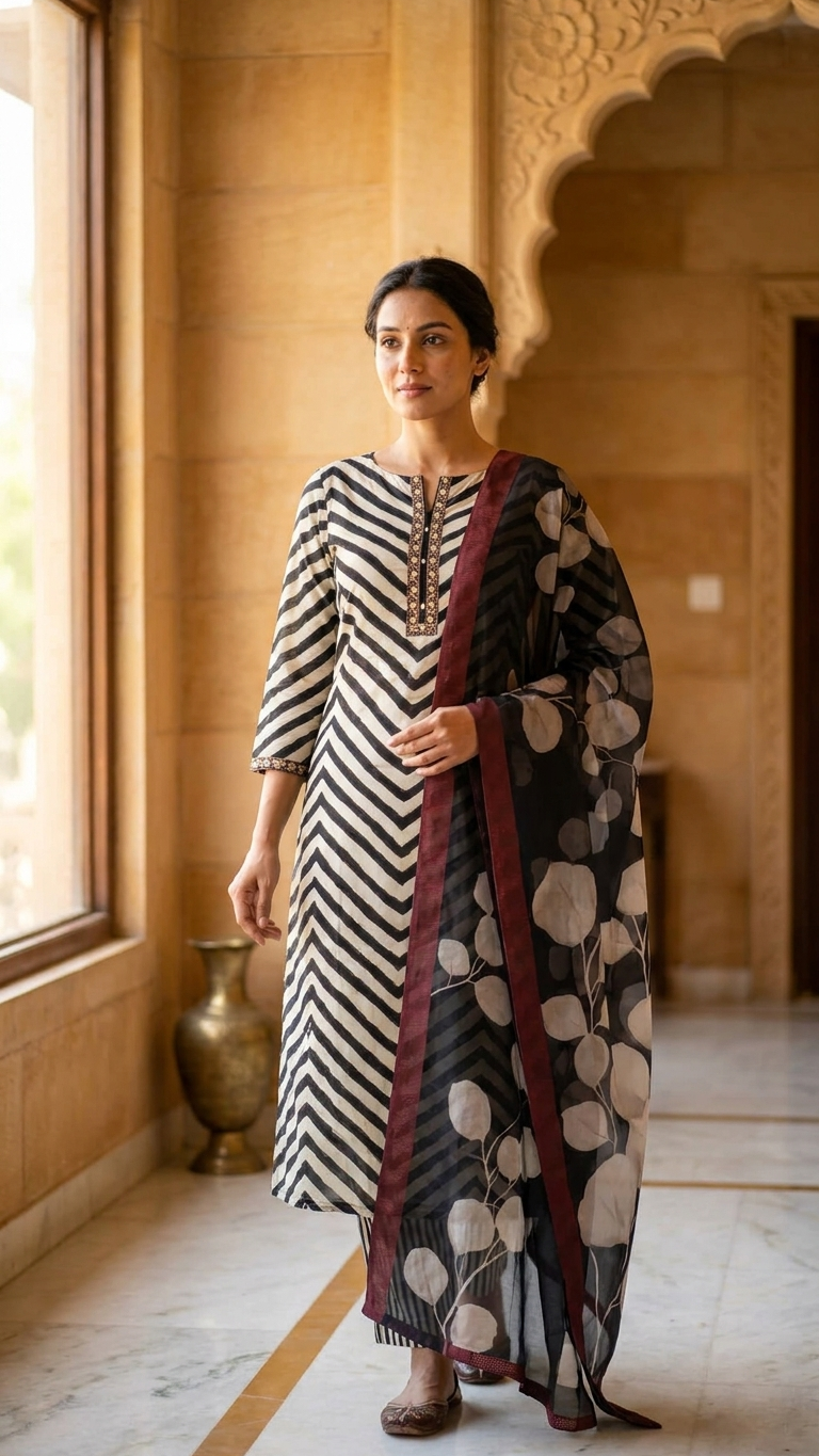 Black ivory ethnic suit set with Printed Dupatta