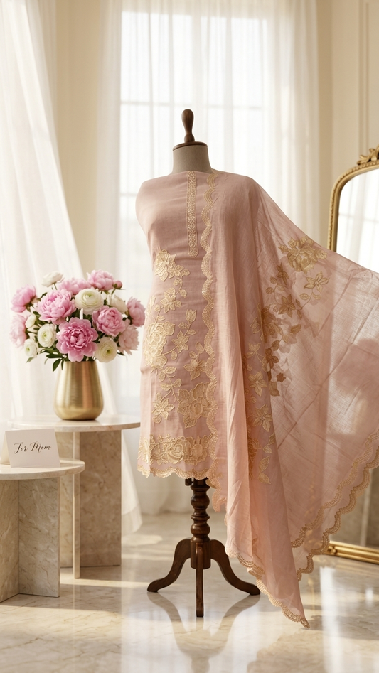 Blush pink embroidered cotton suit set with Dupatta for Women
