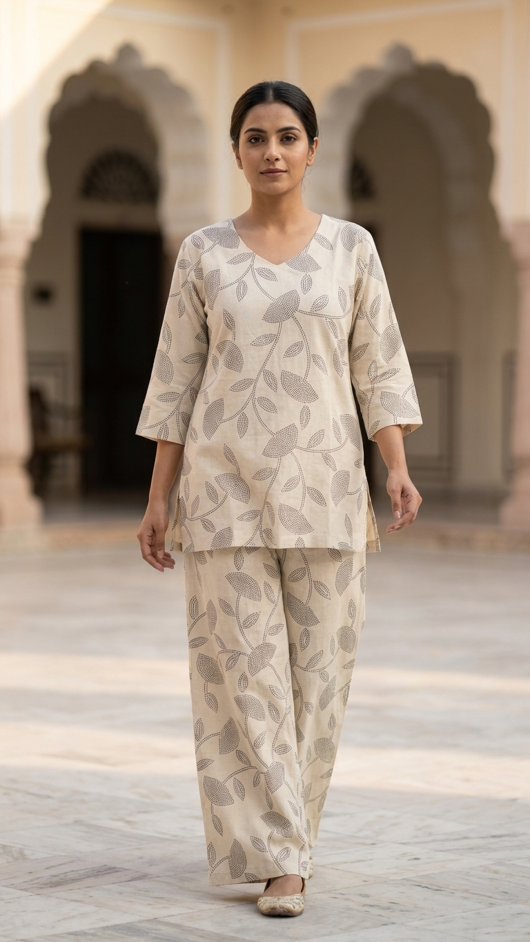 Women's Cotton Blend Co-Ord Set with Beige Botanical Print | Premium Casual Lounge Wear