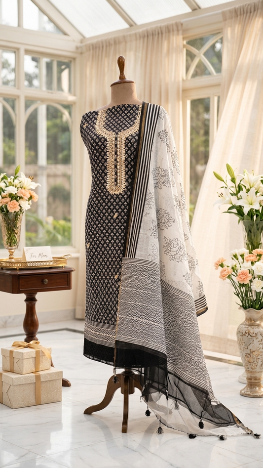 Black and off-white cotton suit set with Dupatta for Women