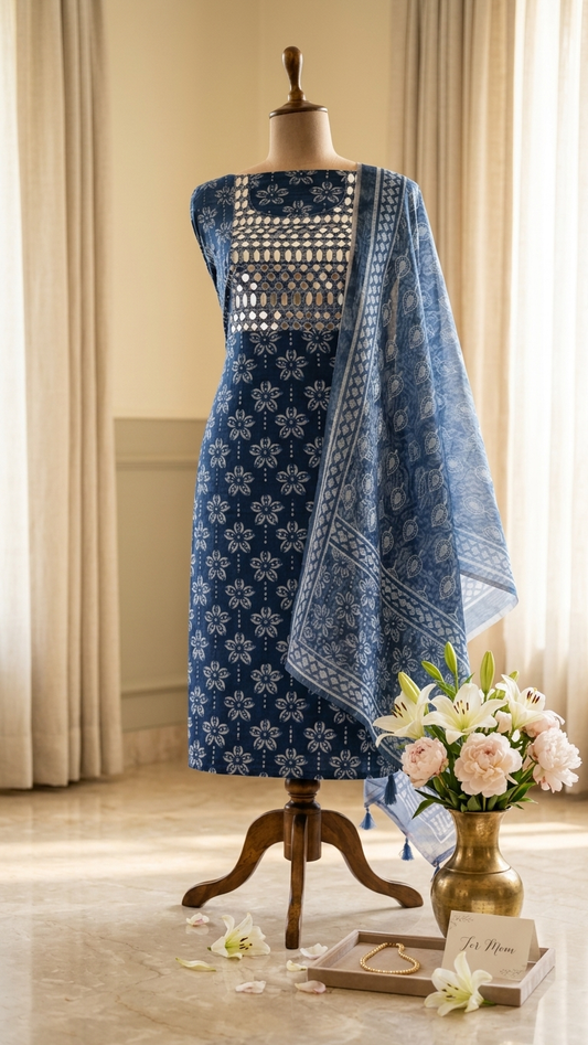 Indigo Cotton Suit Set with Mirror Work Kurta & Printed Dupatta