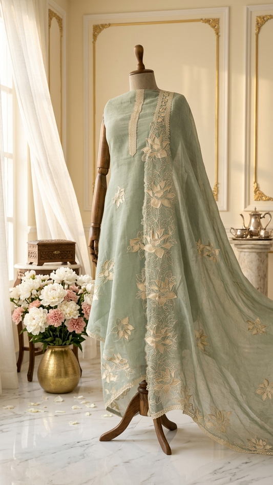 Mint green embroidered lawn suit with Dupatta
