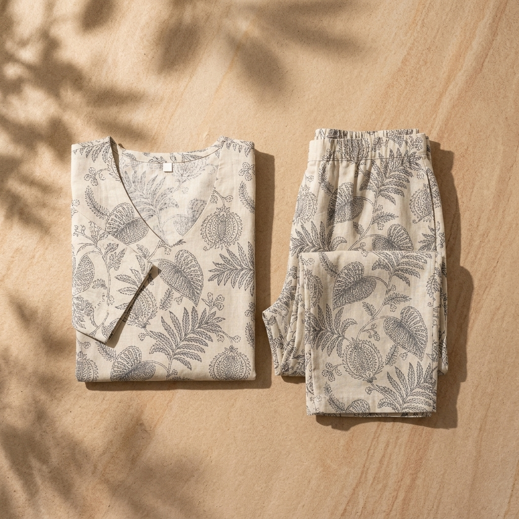 Women's Botanical Print Cotton Blend Co-Ord Set – Premium Relaxed Fit
