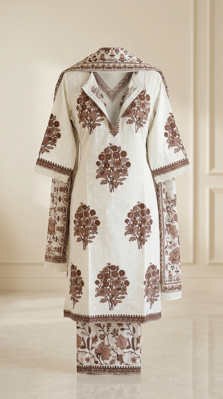 White and Brown Cotton Blend Printed Kurta Pant Dupatta Set for Women – Elegant 3 Piece Ethnic Suit