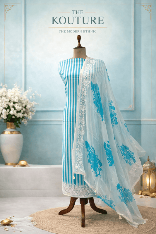 Aqua blue striped embroidered suit set with Floral Dupatta.