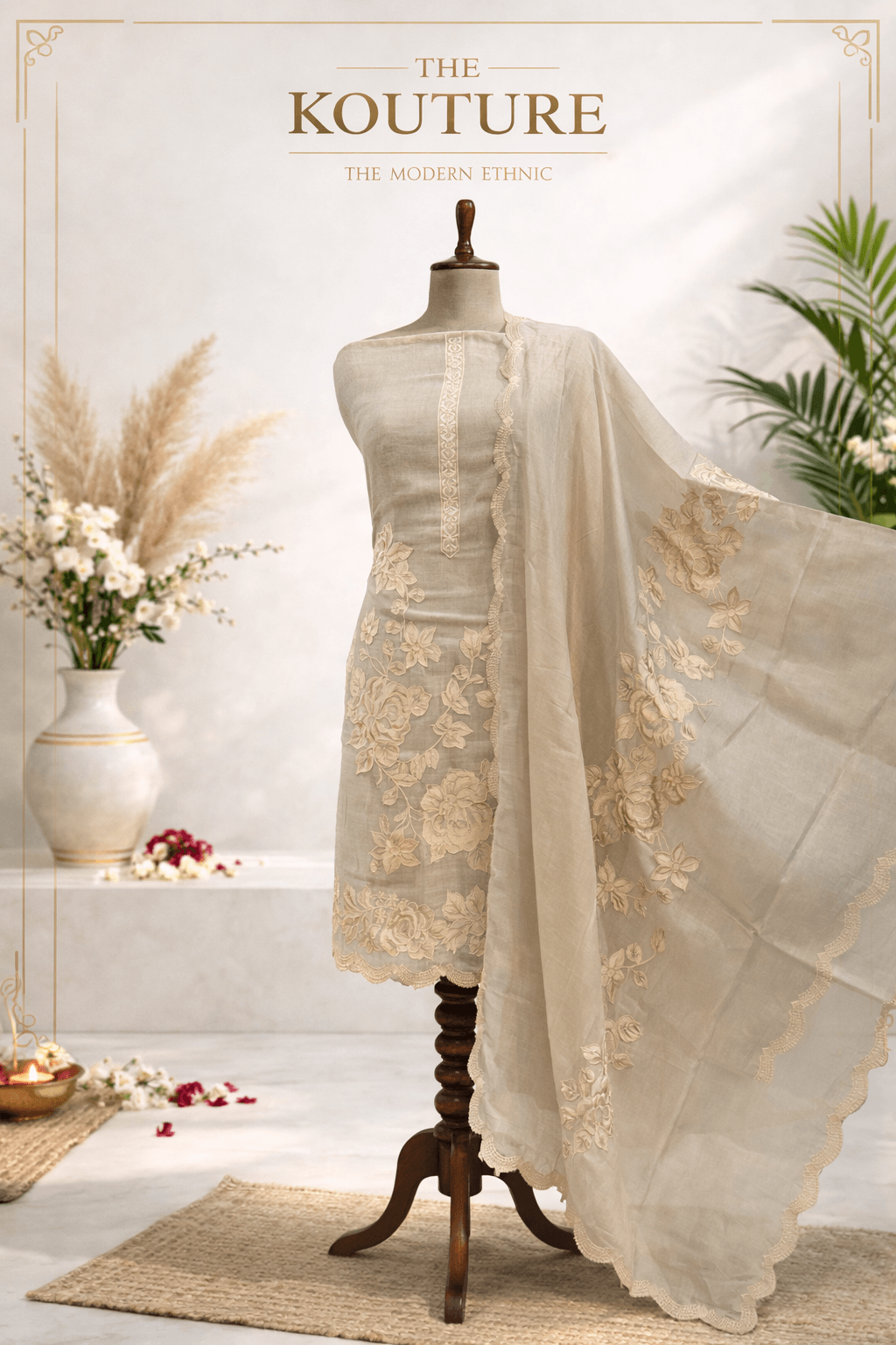 Beige Embroidered Cotton Suit Set with Organza Dupatta for Women.