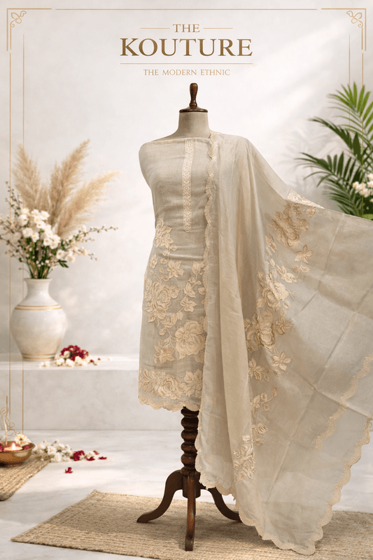 Beige Embroidered Cotton Suit Set with Organza Dupatta for Women.
