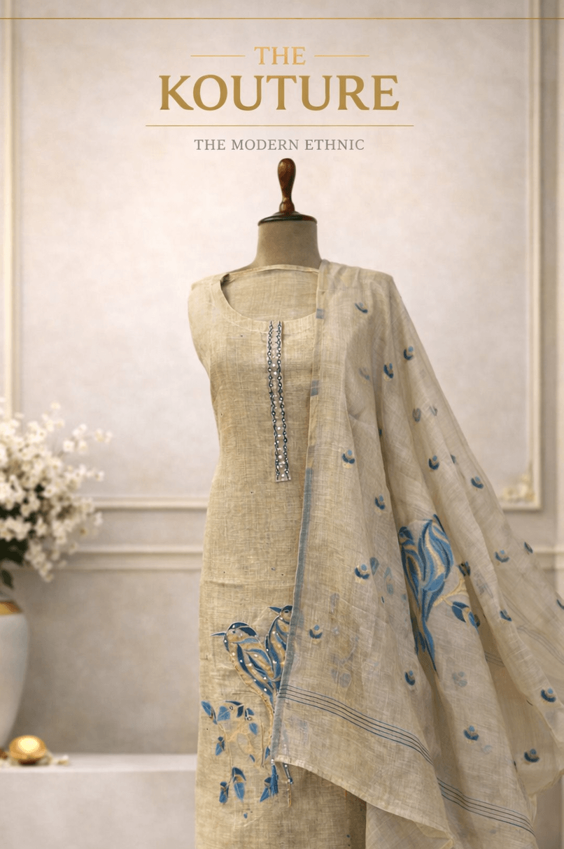 Beige handcrafted suit set with Mirror Work Neckline & Blue Printed Dupatta.