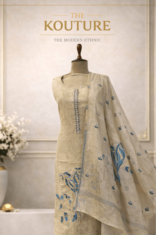 Beige handcrafted suit set with Mirror Work Neckline & Blue Printed Dupatta.