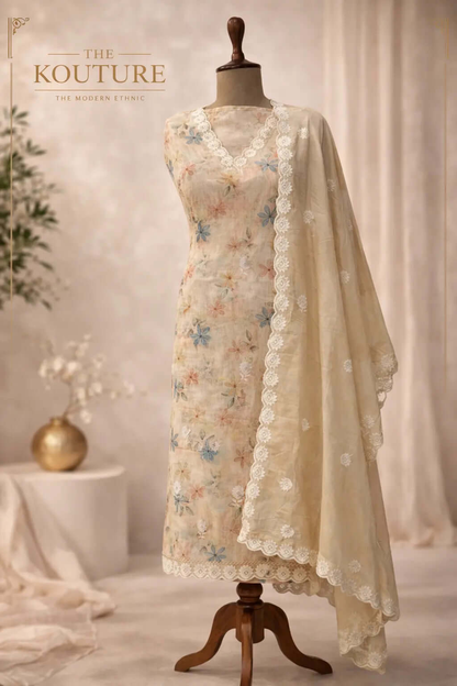 Beige floral embroidered suit set with Lace Dupatta.