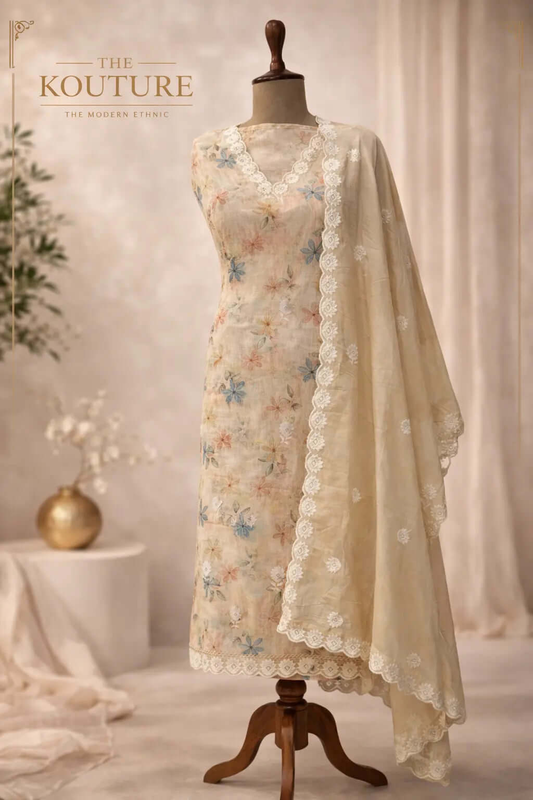 Beige floral embroidered suit set with Lace Dupatta.