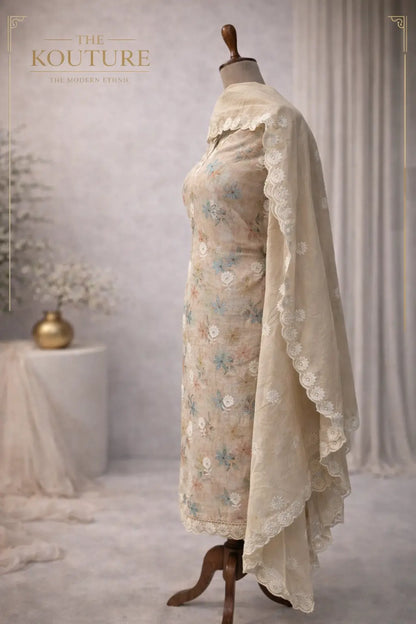 Beige floral embroidered suit set with Lace Dupatta.