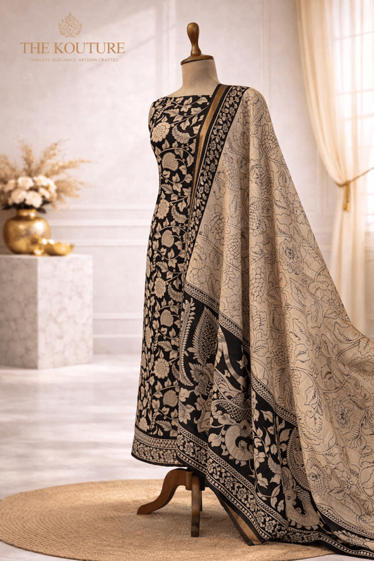 Black beige floral suit set with Dupatta for women showcased on a mannequin in a stylish setting.