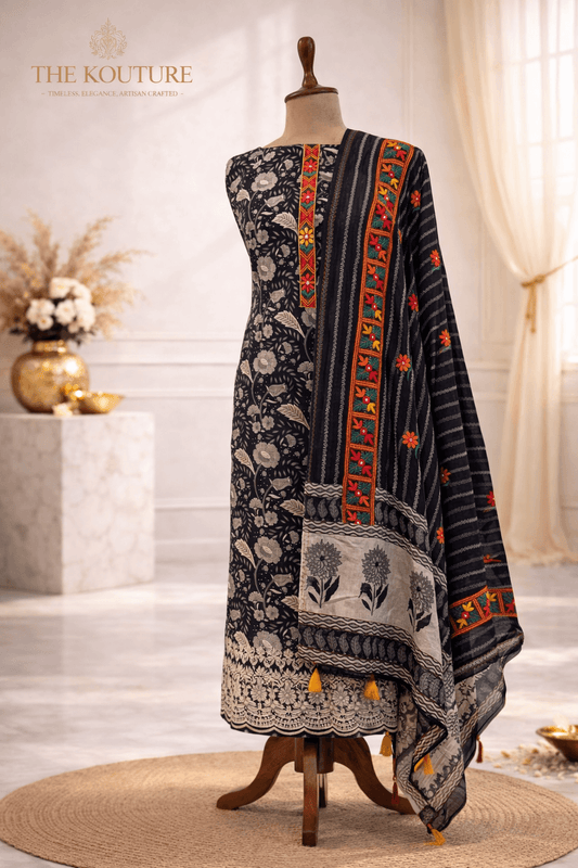 Black floral printed suit set with Multicolor Embroidered Neckline & Dupatta.