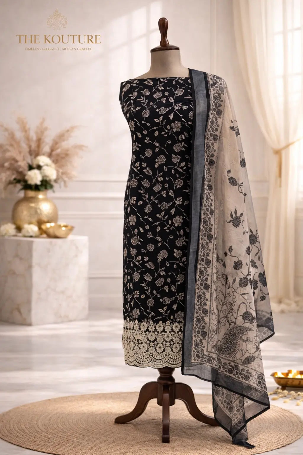 Black and ivory ethnic suit setwith Designer Dupatta.