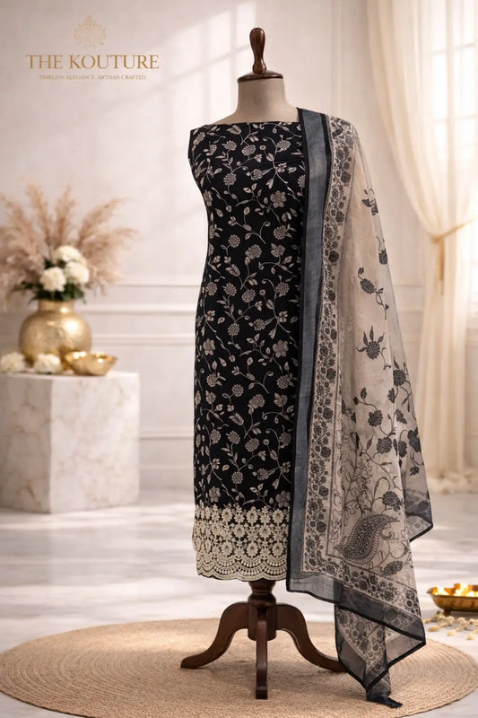 Black and ivory ethnic suit setwith Designer Dupatta.