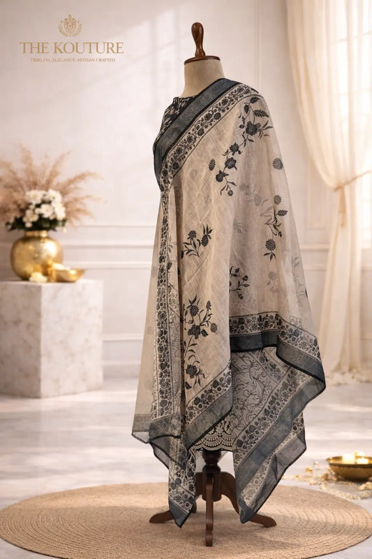 Black and ivory ethnic suit set with Designer Dupatta.