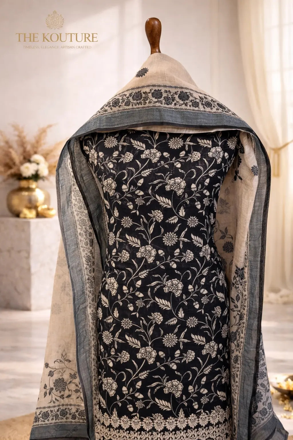 Black and ivory ethnic suit set with Designer Dupatta.