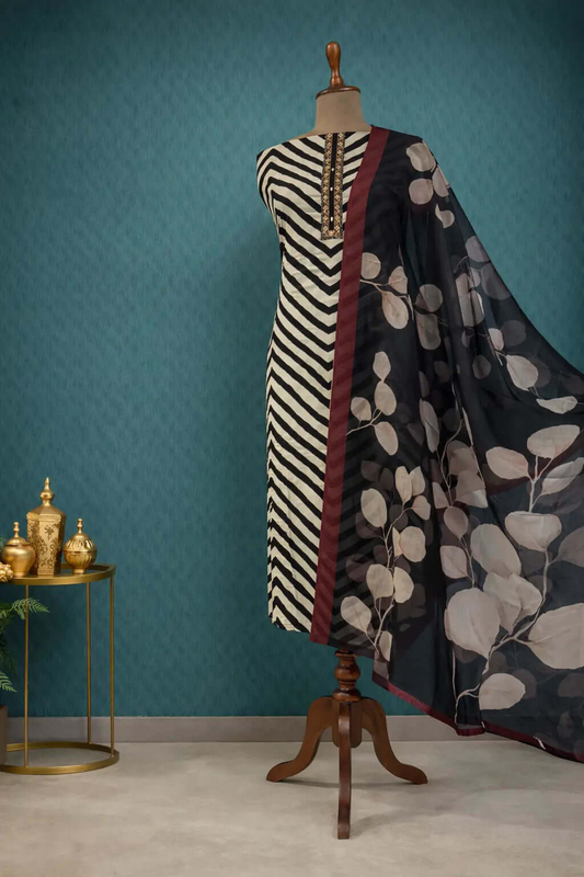 Black ivory ethnic suit set with Printed Dupatta.
