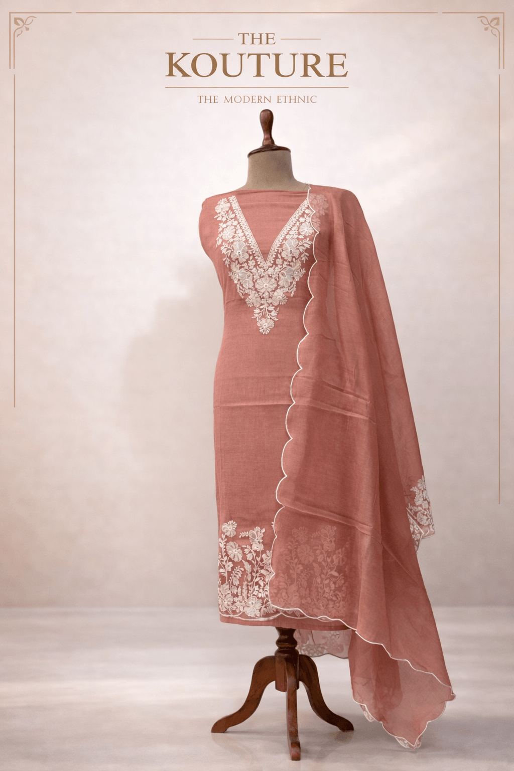 Blush pink suit set with Handcrafted White Floral Embroidery & Dupatta.