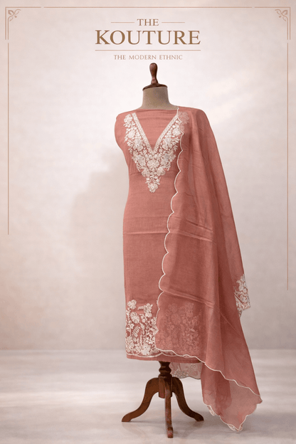 Blush pink suit set with Handcrafted White Floral Embroidery & Dupatta.