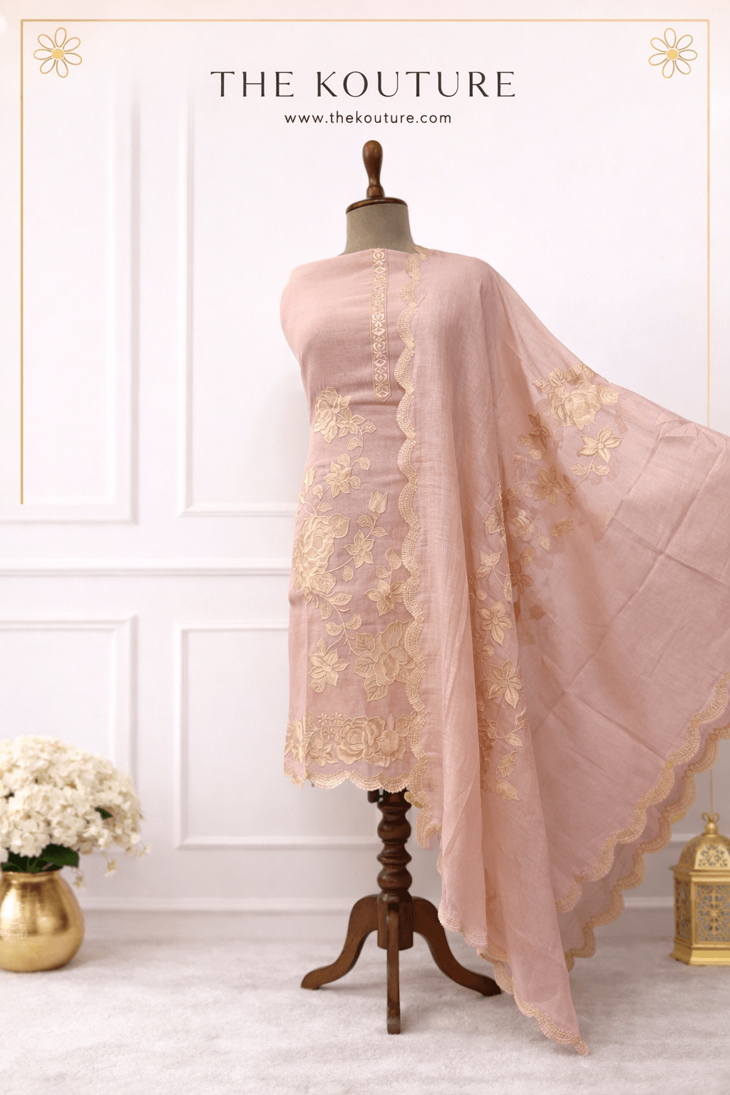Blush Pink Embroidered Cotton Suit Set with Organza Dupatta for Women.