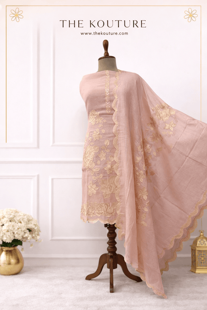 Blush Pink Embroidered Cotton Suit Set with Organza Dupatta for Women.