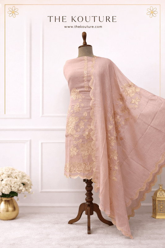 Blush Pink Embroidered Cotton Suit Set with Organza Dupatta for Women.