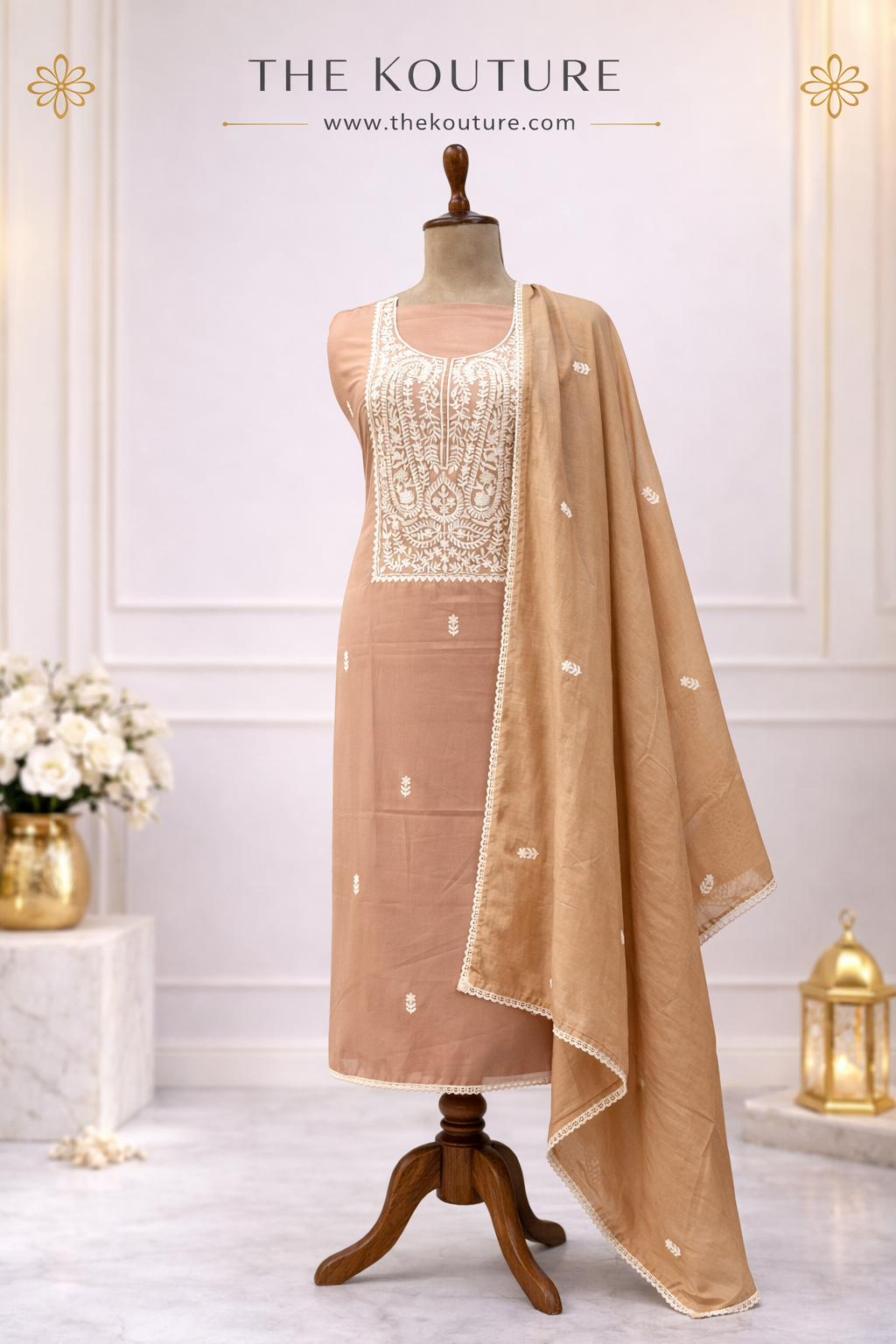 Caramel brown embroidered suit with Dupatta.
