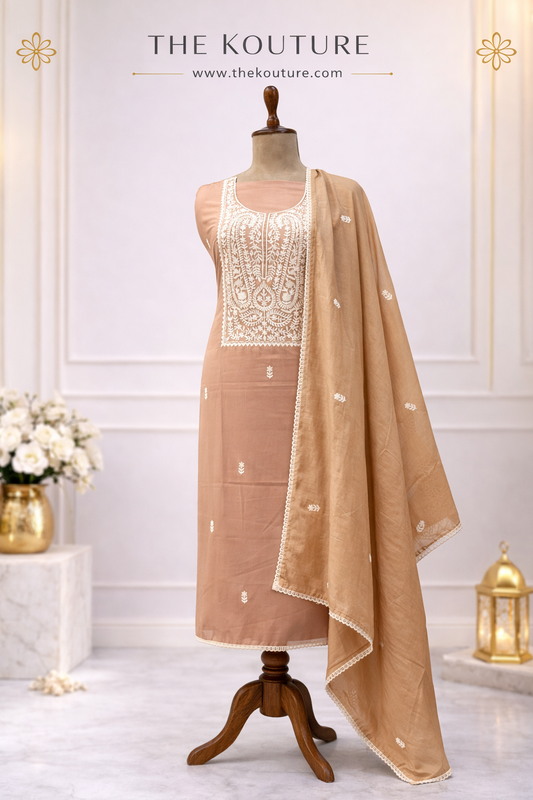 Caramel brown embroidered suit with Dupatta.