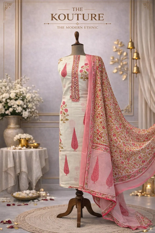 Cream pink embroidered ethnic suit set with Designer Dupatta.