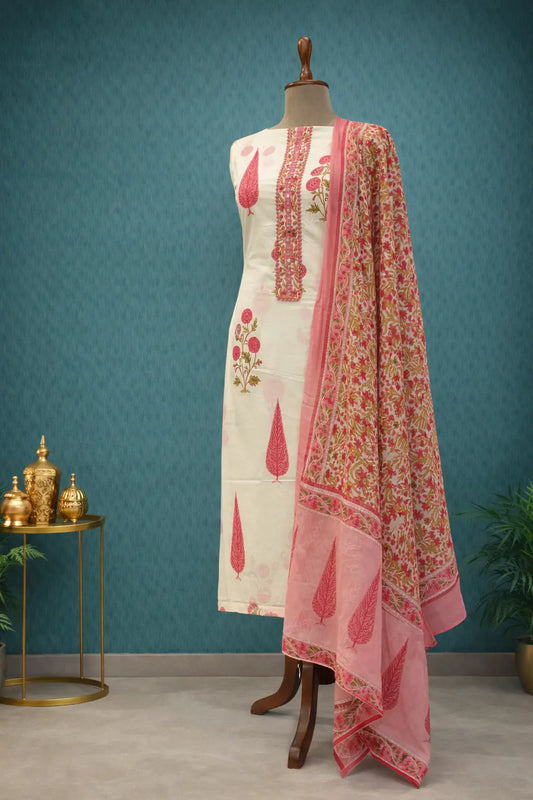 Cream pink embroidered ethnic suit set with Designer Dupatta.