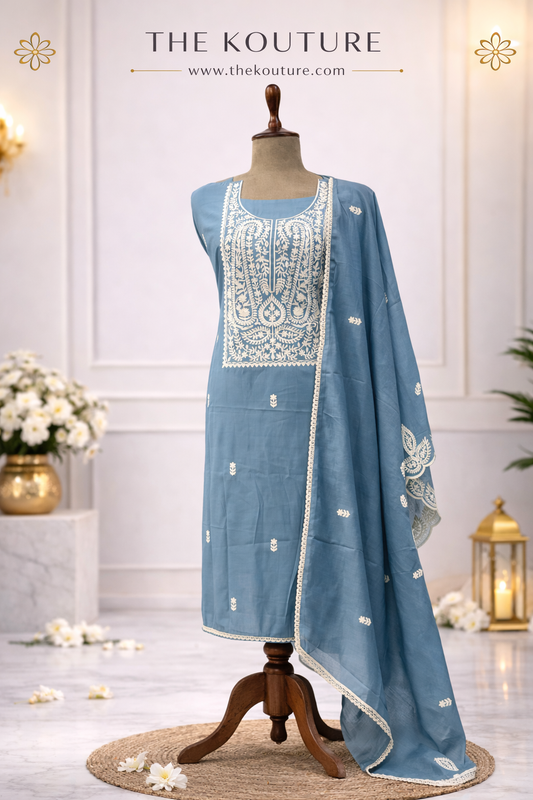 Dusty blue embroidered suit with Dupatta.