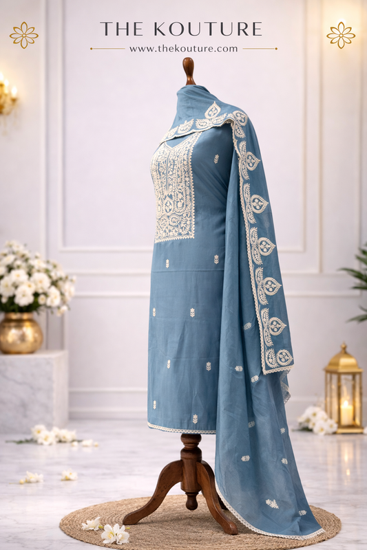Dusty blue embroidered suit with Dupatta.