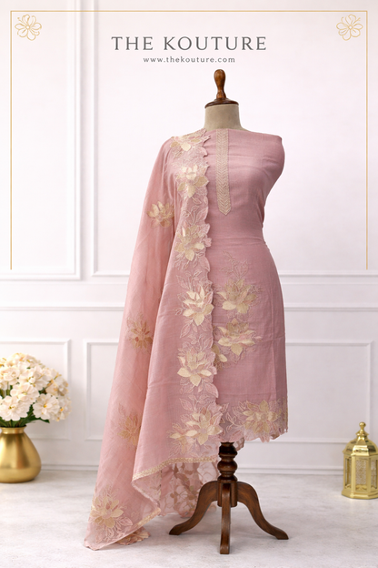 Dusty rose floral embroidered suit set with Dupatta.